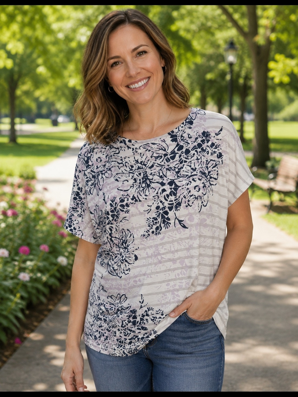 Chico's White Tee with Navy Floral Print